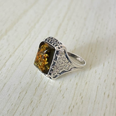 Rectangle Cut Baltic Amber Ring in Sterling Silver 925 37