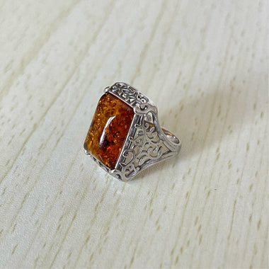 Rectangle Cut Baltic Amber Ring in Sterling Silver 925 38