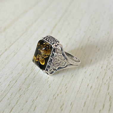 Rectangle Cut Baltic Amber Ring in Sterling Silver 925 39