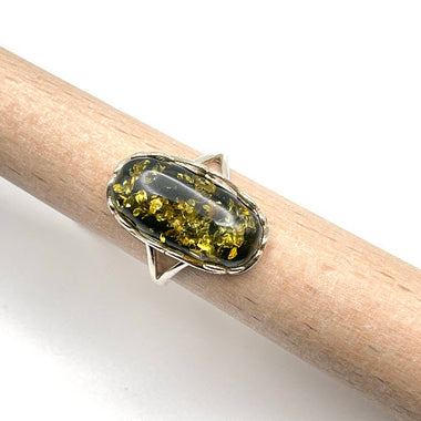 Table Cut Olive Green Baltic Amber Ring in Sterling Silver 925 48