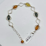 Pear Cut 5 Mixed Color Baltic Amber Bracelet in Sterling Silver 925 56