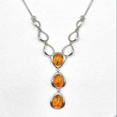 Three Oval Baltic Amber Pendant in Sterling Silver Chain - 62