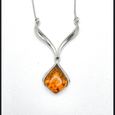 Tear Drop Baltic Amber Pendant in Sterling Silver Chain - 64