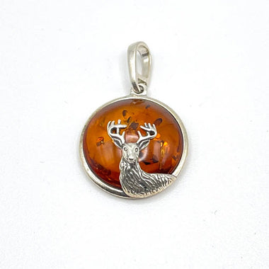 Round Baltic Amber Deer Pendant in Sterling Silver and Chain - 65