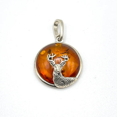 Round Baltic Amber Deer Pendant in Sterling Silver and Chain - 66