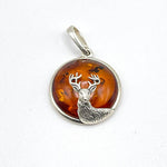 Round Baltic Amber Deer Pendant in Sterling Silver and Chain - 67