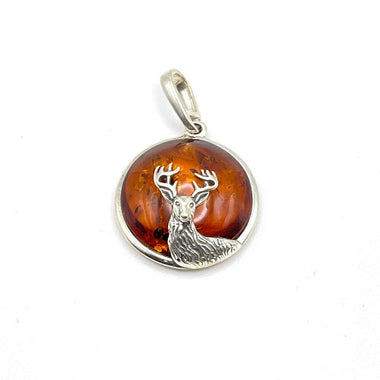 Round Baltic Amber Deer Pendant in Sterling Silver and Chain - 68