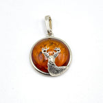 Round Baltic Amber Deer Pendant in Sterling Silver and Chain - 70