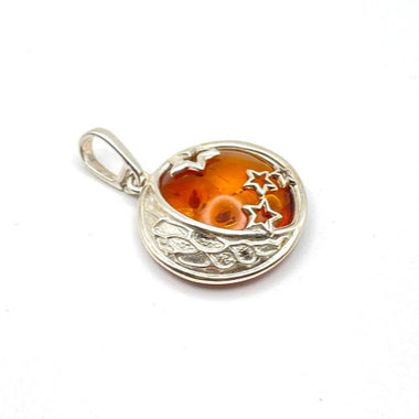 Round Baltic Amber Moon and Stars Pendant in Sterling Silver and Chain - 71