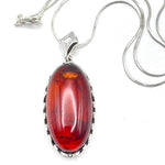 Long Oval Cut Red Color Baltic Amber Pendant with Sterling Silver Strand -79