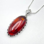 Long Oval Cut Red Color Baltic Amber Pendant with Sterling Silver Strand -79