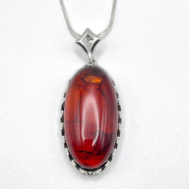 Long Oval Cut Red Color Baltic Amber Pendant with Sterling Silver Strand -79