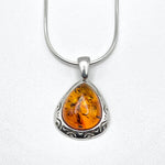 Vintage Oval Cut Baltic Amber Pendant with Sterling Silver Strand - 86