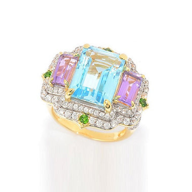 Yellow Gold Plate 18K Amethyst Sky Blue Topaz Chrome White Zircon Ring 840-BAM